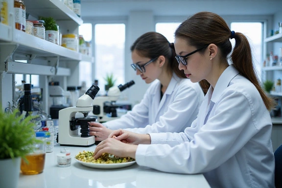 A laboratory setting with scientists examining plant extracts, representing research and development.