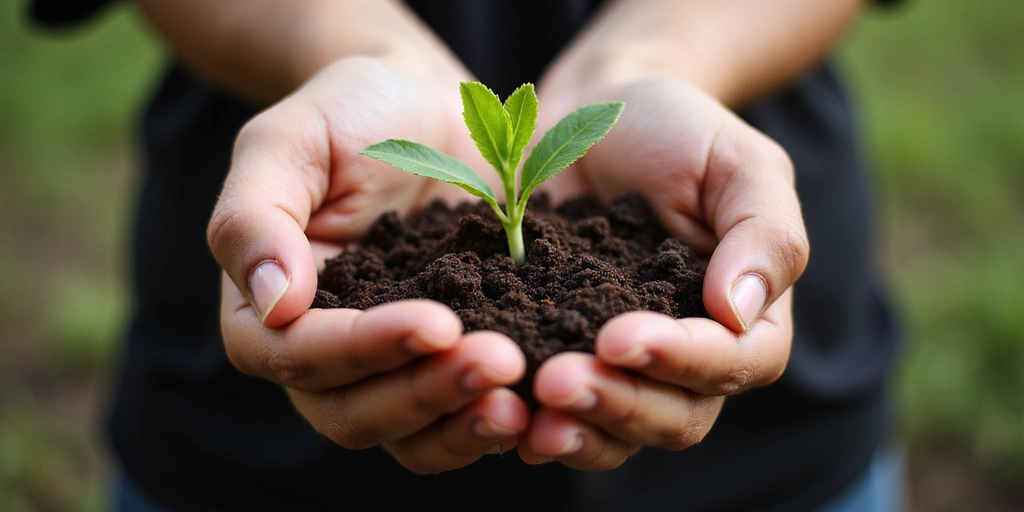 A serene image of hands gently holding a sprout emerging from rich soil, symbolizing growth, nature, and care in product sourcing.