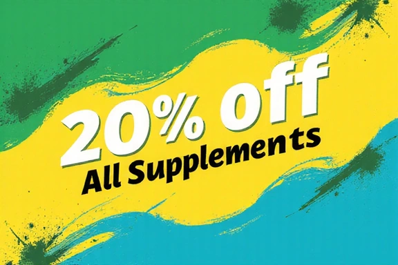 Visual representation of 20% off all supplements with a vibrant, energetic background.