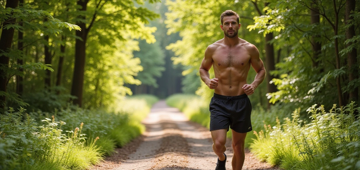 A healthy, active man jogging in a lush natural setting, symbolizing vitality and well-being.