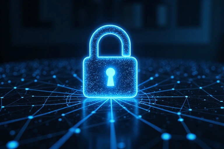 A digital padlock icon superimposed on a network of interconnected data points, representing robust data security measures.