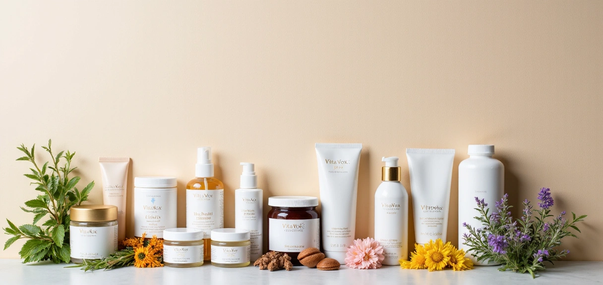 Aesthetic arrangement of various VitaVox health and beauty products, showcasing a diverse product catalog.