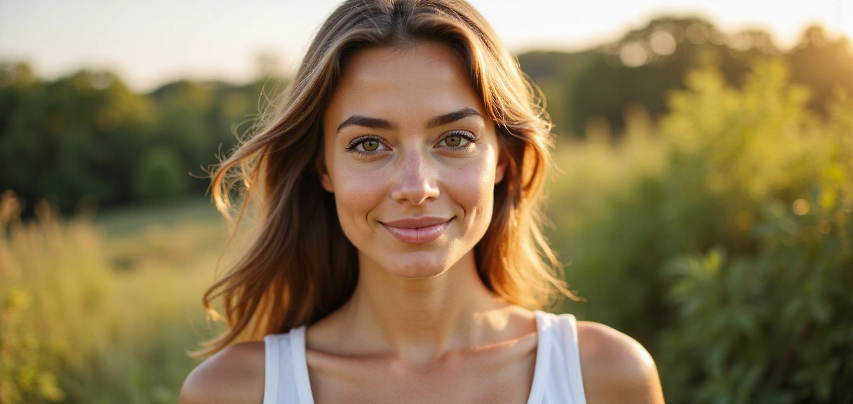 Radiant woman with smooth skin in a natural setting, embodying health and beauty, with soft lighting and a serene expression.